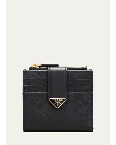 Prada Small Leather Wallet With Triangle Snap In Black