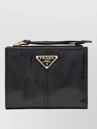Prada Small Leather Wallet Wrist Strap In Black