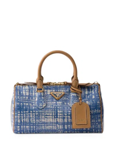 Prada Small Linen Blend And Leather Top-handle Bag In Blue