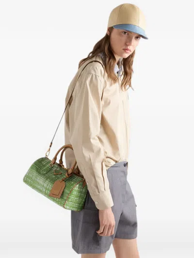 Prada Small Linen Blend And Leather Top-handle Bag In Green