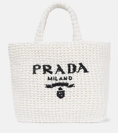 Prada Small Logo Crochet Tote Bag In Neutrals
