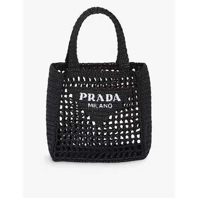 Prada Small Logo-embroidered Crochet Tote Bag In Black