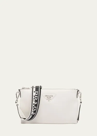 Prada Small Logo Pebbled Leather Crossbody Bag In F0009 Bianco