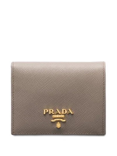 Prada Small Metal-lettering Leather Wallet In Gray