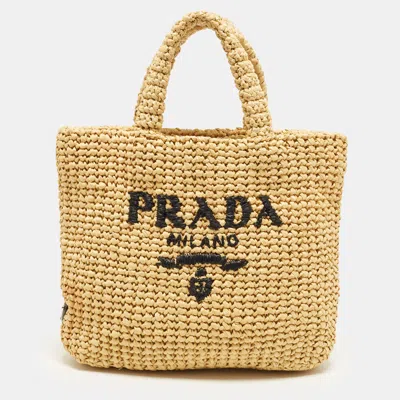 Pre-owned Prada Small Natural Crochet Raffia Tote In Tan