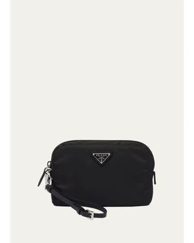 Prada Compact Nylon Pouch With Logo Detail In Black