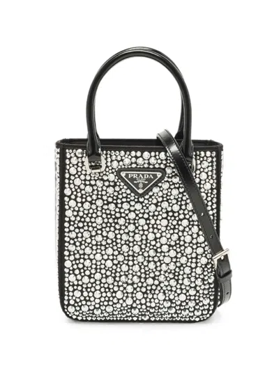 Pre-owned Prada Small Panier Crystal-embellished Tote Bag In Silver