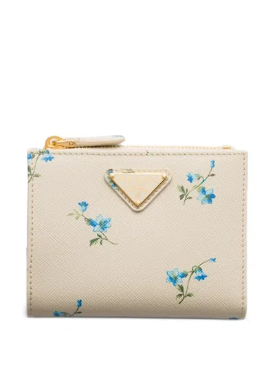 Prada Small Printed Saffiano Leather Wallet In Neutral