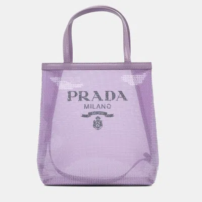 Pre-owned Prada Small Purple Sequined Mesh Logo Tote Bag