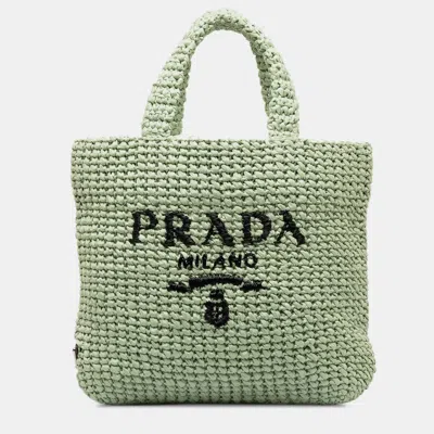 Pre-owned Prada Small Raffia Logo Tote Bag In Green