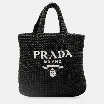 Pre-owned Prada Small Raffia Logo Tote In Black