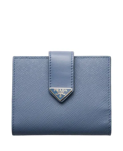 Prada Small Saffiano And Smooth Leather Wallet In Blue