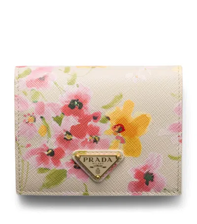 Prada Small Saffiano Leather Floral Bifold Wallet In Neutral