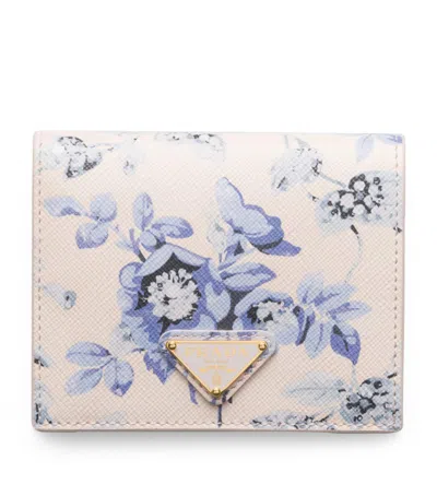 Prada Small Saffiano Leather Floral Bifold Wallet In Turquoise