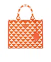 Prada Large Symbole Embroidered Fabric Handbag In Orange/white