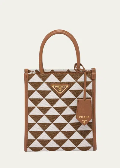 Prada Small Triangle Logo Jacquard Tote Bag In Brown