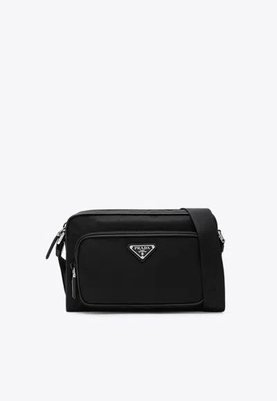 Prada Small Triangle Logo Messenger Bag In Black