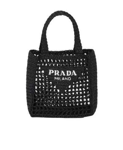 Prada Small Raffia Tote In Black