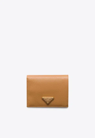 Prada Small Triangle Logo Saffiano Leather Wallet In Caramel 0
