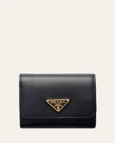 Prada Small Trifold Leather Wallet In Black