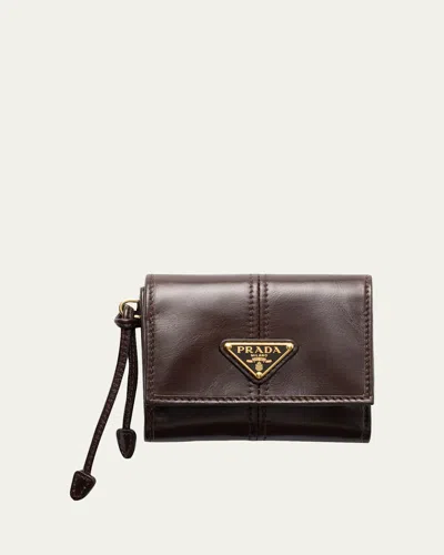 Prada Small Trifold Leather Wallet In Brown