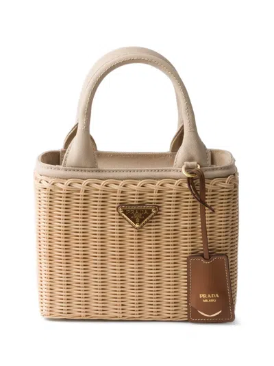 Prada Small Wicker And Canvas Tote Bag In Neutral