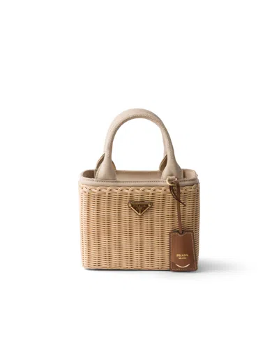 Prada Kleine Tote Bag Aus Korbgeflecht Und Canvas In Brown