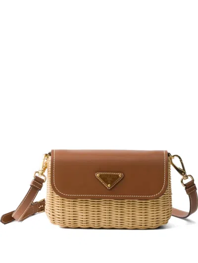 Prada Small Wicker And Leather Shoulder Bag In Brown