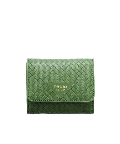 Prada Small Woven Madras Leather Wallet In Green