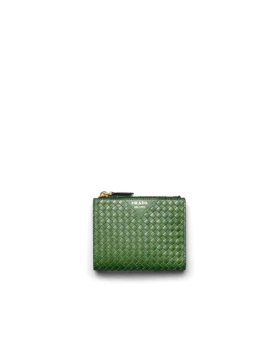 Prada Small Woven Madras Leather Wallet In Green