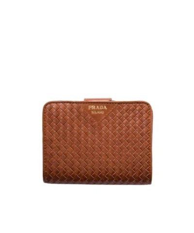 Prada Small Woven Madras Leather Wallet In Brown