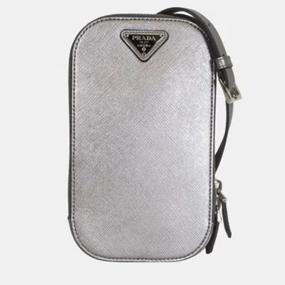 Pre-owned Prada Smartphone Case Os Gray Saffiano Leather Crossbody Bag In Grey