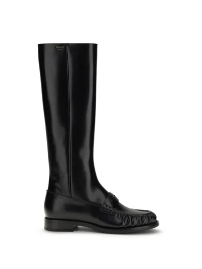 Prada Smooth Leather Boots In Black