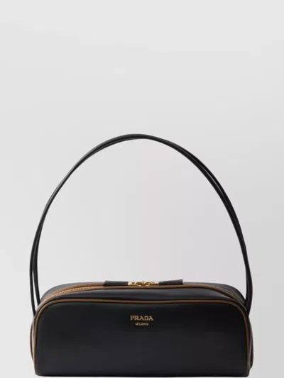 Prada Smooth Leather Shoulder Bag With Contrast Trim In Black