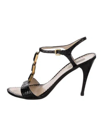Pre-owned Prada Snakeskin Animal Print T-strap Sandals In Black