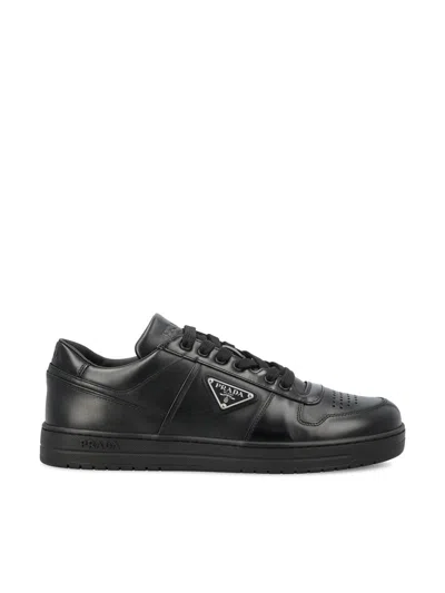 Prada Downtown Enamel-triangle Logo Sneakers In Black