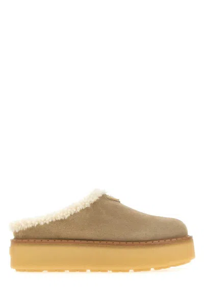 Prada Sand Suede Slippers In Brown