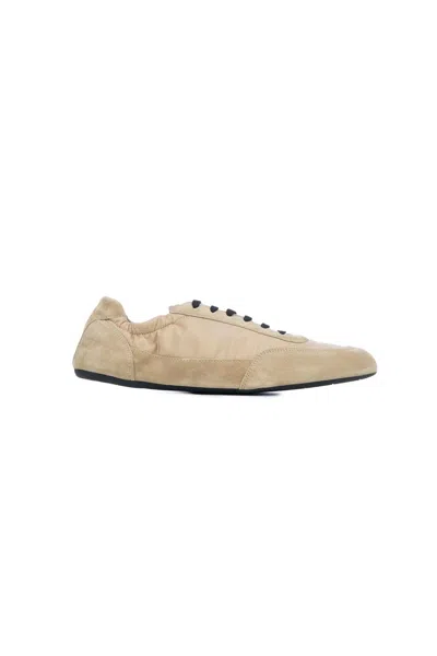 Prada Women Ivory Re-nylon And Suede Collapse Sneakers In Neutral