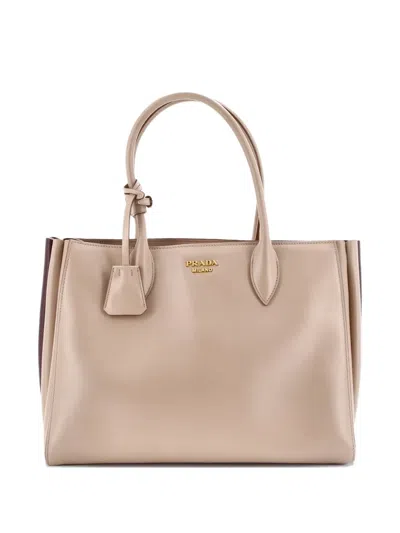 Pre-owned Prada Soft Bibliotheque City Calfskin Medium Tote Bag In Neutral