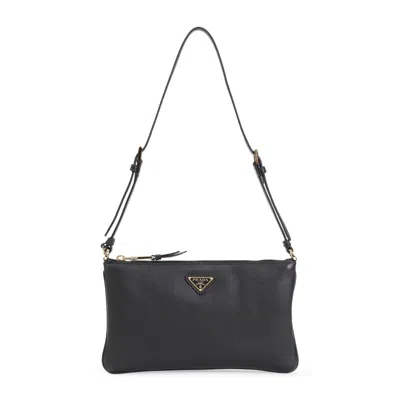 Prada Soft Gain Flat Black Leather Shoulder Bag