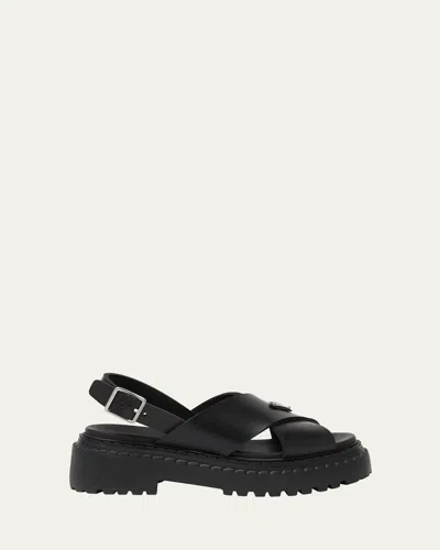 Prada Soft Rubber Crisscross Strap Sandals In Black