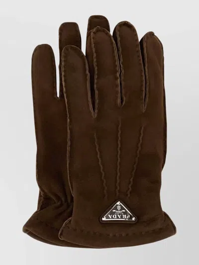 Prada Soft Texture Suede Gloves With Stitch Detailing In Brown