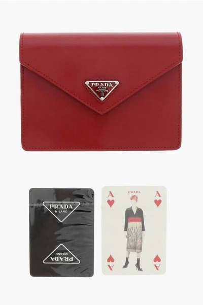 Prada Solid Color Leather Pouch With Playing Cards In Red