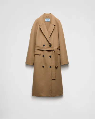 Prada Double-breasted Cashgora Coat In Brown