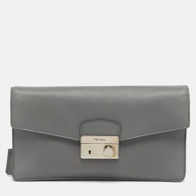 Pre-owned Prada Sound Grey Saffiano Soft Leather Clutch In Gray
