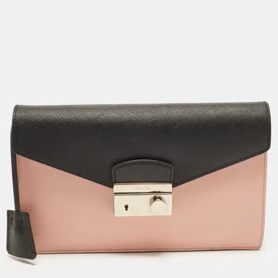 Pre-owned Prada Sound Pink/black Saffiano Leather Flap Clutch
