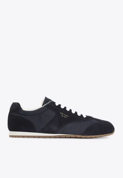 Prada Dark Blue Suede And Fabric Sneakers In Multi