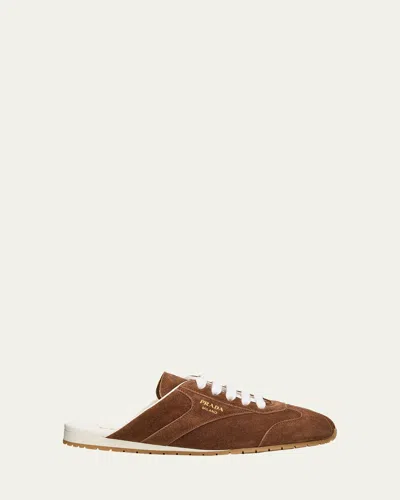 Prada Spark Suede Sneaker Mules In Brown