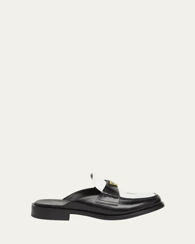 Prada Spazzolato Bicolor Triangle Logo Loafer Mules In Black
