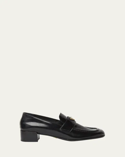 Prada Spazzolato Leather Triangle Logo Loafers In Black